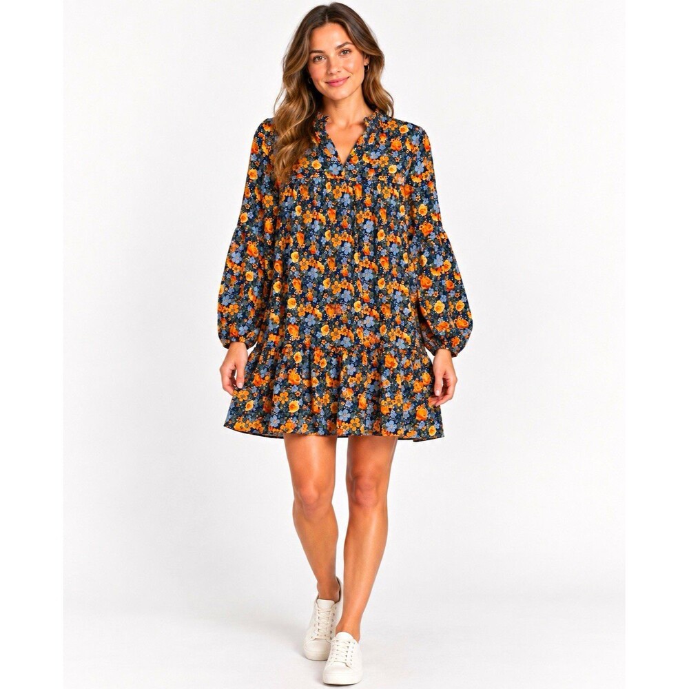 KIRUNDO Black Floral Ruffle A-Line Short Dress V-Neck Balloon Sleeve Women’s S